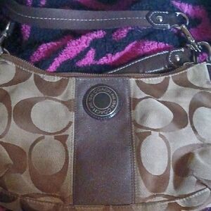 Coach Brown Signature Canvas Shoulder Bag with Leather Trim